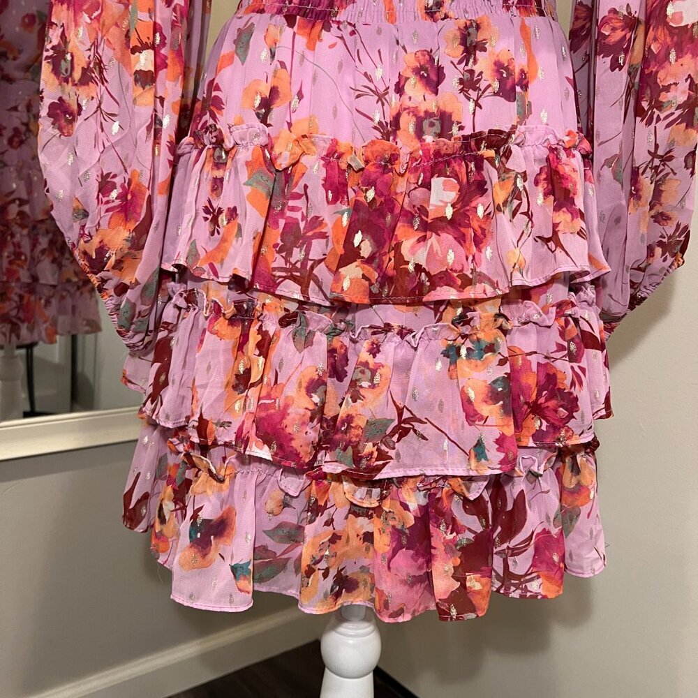 MSK Pink Floral Smocked Waist Tiered Mini Dress, Size Medium - Picture 14 of 16